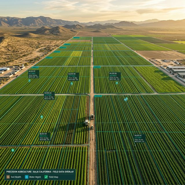 Aerial view of Baja California agricultural fields with data overlays