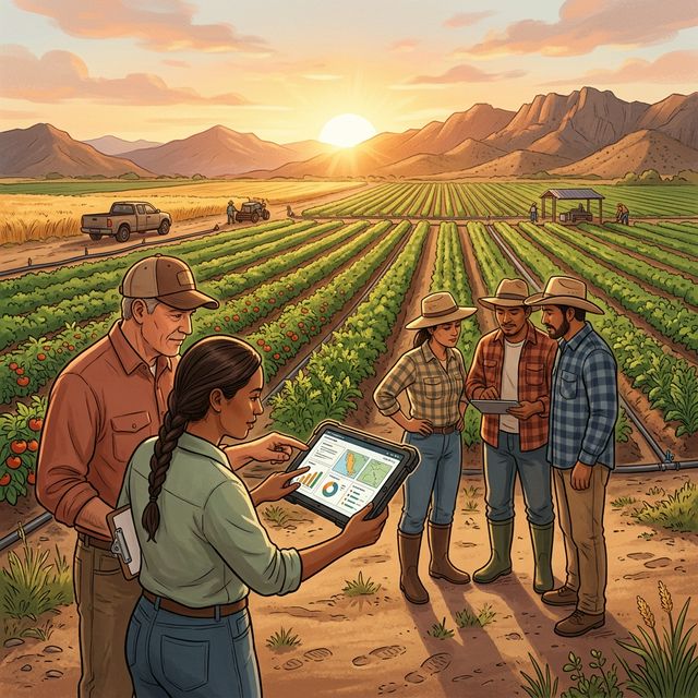 Baja California agronomists and farm workers reviewing field data at sunrise